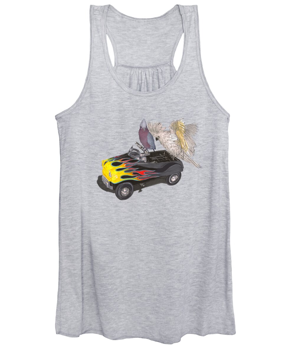 Tee Shirt Watercolor Art Of Julies Pet Parrots Playing In A Restored Vintage Peddle Car Women's Tank Top featuring the painting Julies Kids by Jack Pumphrey