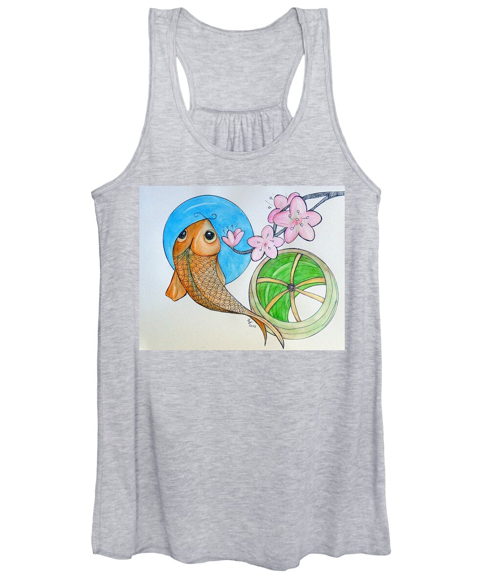 Cherry Women's Tank Top featuring the painting Karp and Cherry Blooms by Loretta Nash