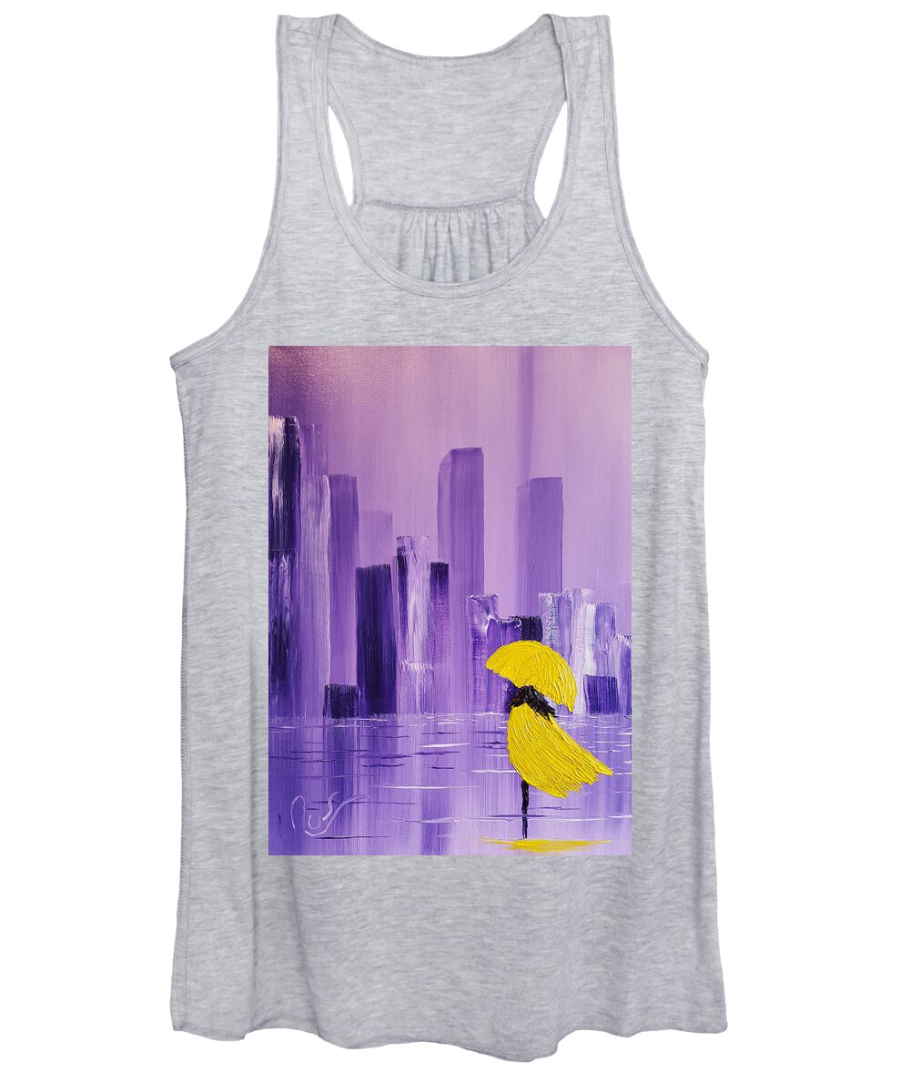 Lady Women's Tank Top featuring the painting Lady in a Yellow Coat and With a Yellow Umbrella Walking Alone T by Russell Collins