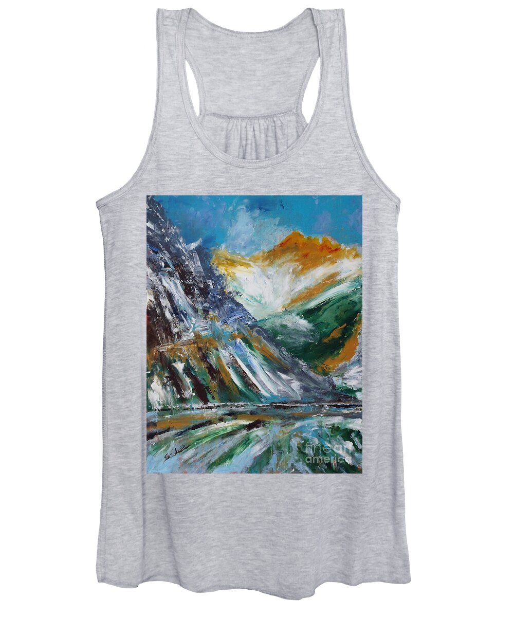 Mountains Women's Tank Top featuring the painting Lake And Alps by Lidija Ivanek - SiLa