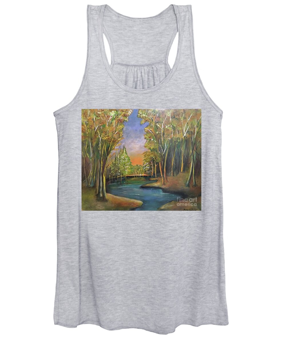 Original Acrylic Painting Women's Tank Top featuring the painting Lake in the woods by Maria Karlosak