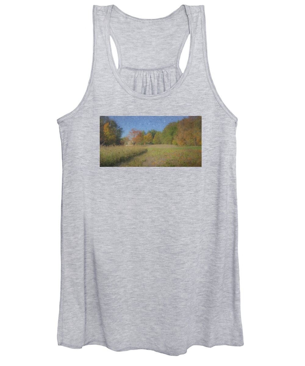 Lang Water Farm Women's Tank Top featuring the painting Langwater Farm with Pumpkins and Chateau by Bill McEntee