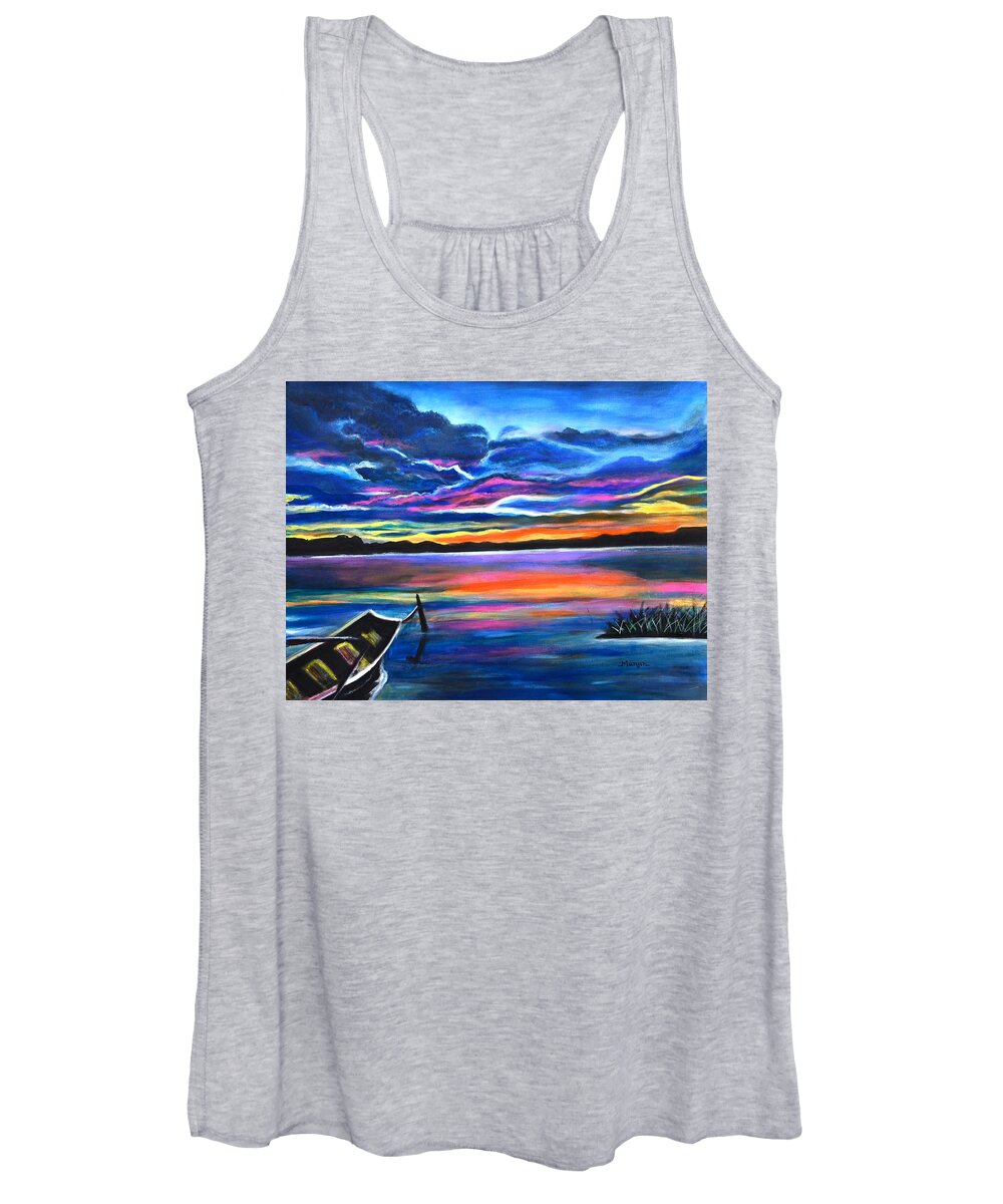 Boat Women's Tank Top featuring the painting Left Alone a seascape boat painting at sunset by Manjiri Kanvinde