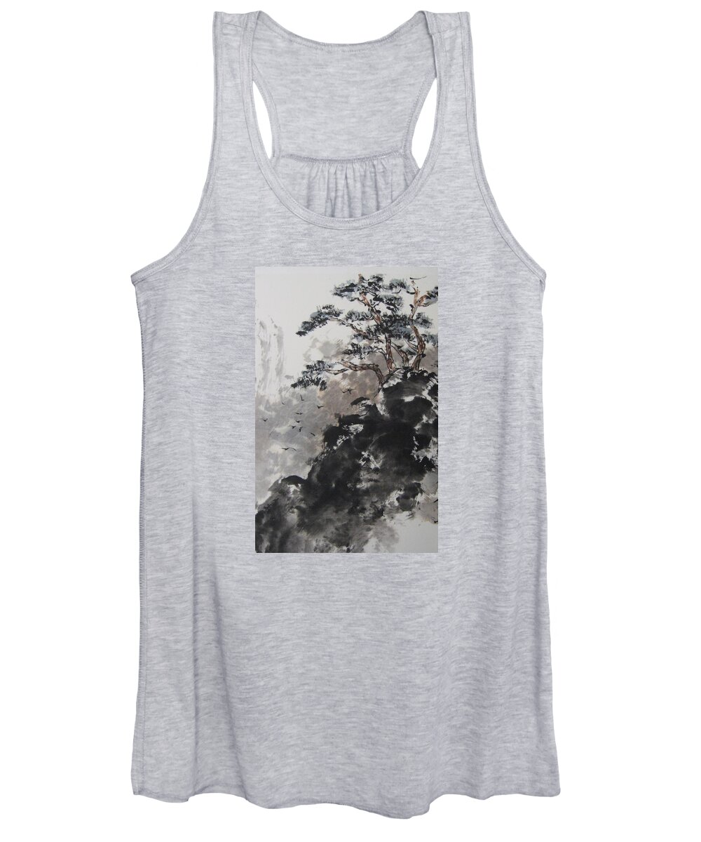 Oriental Brush Painting Women's Tank Top featuring the painting Life at the Top by Laurie Samara-Schlageter