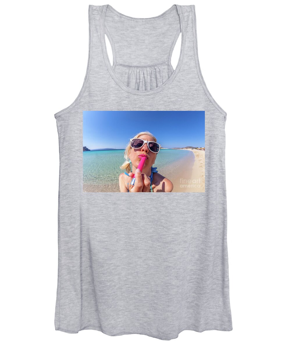 Makeup Women's Tank Top featuring the photograph Lipstick applying by Benny Marty