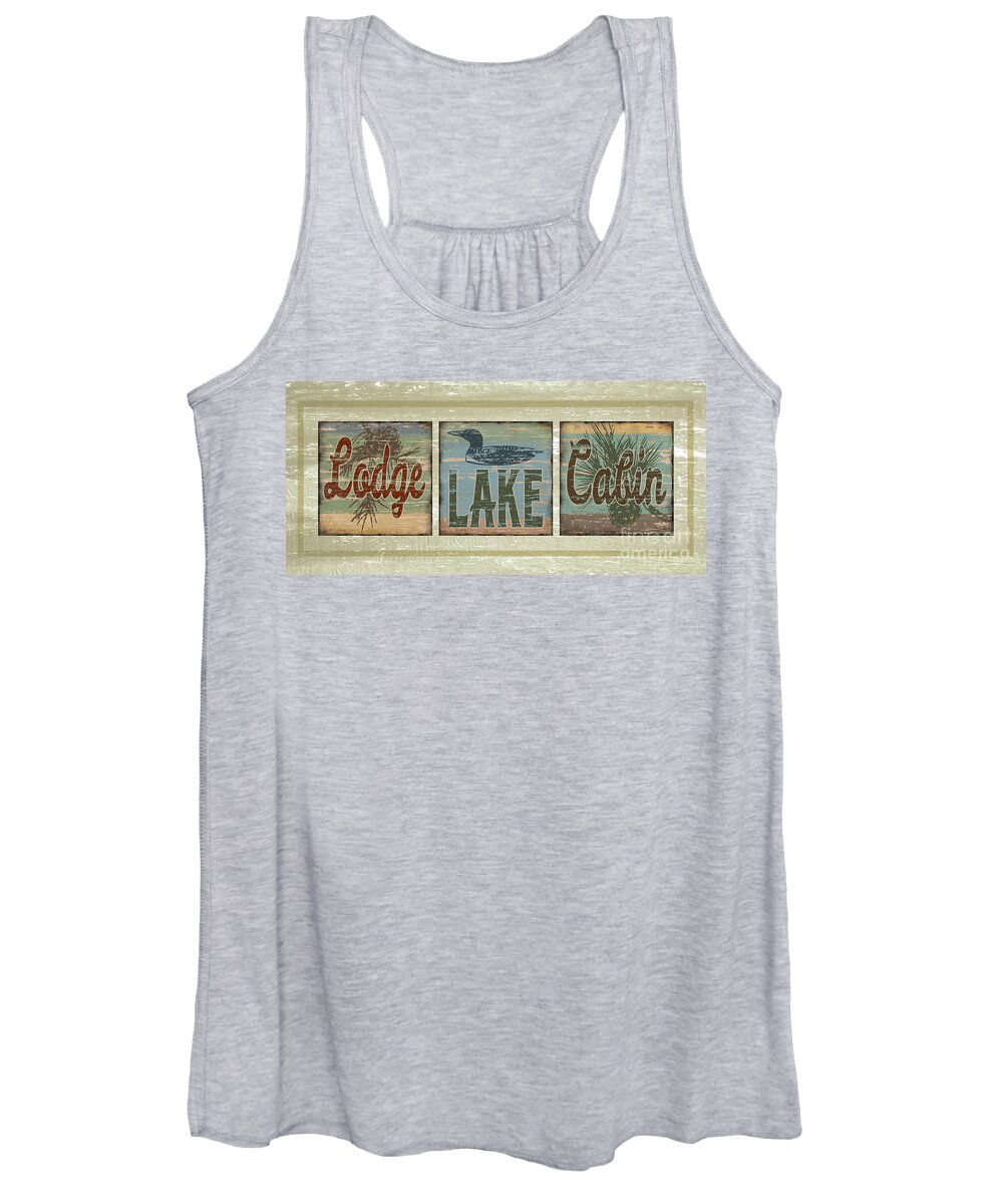 Joe Low Women's Tank Top featuring the painting Lodge Lake Cabin Sign by JQ Licensing