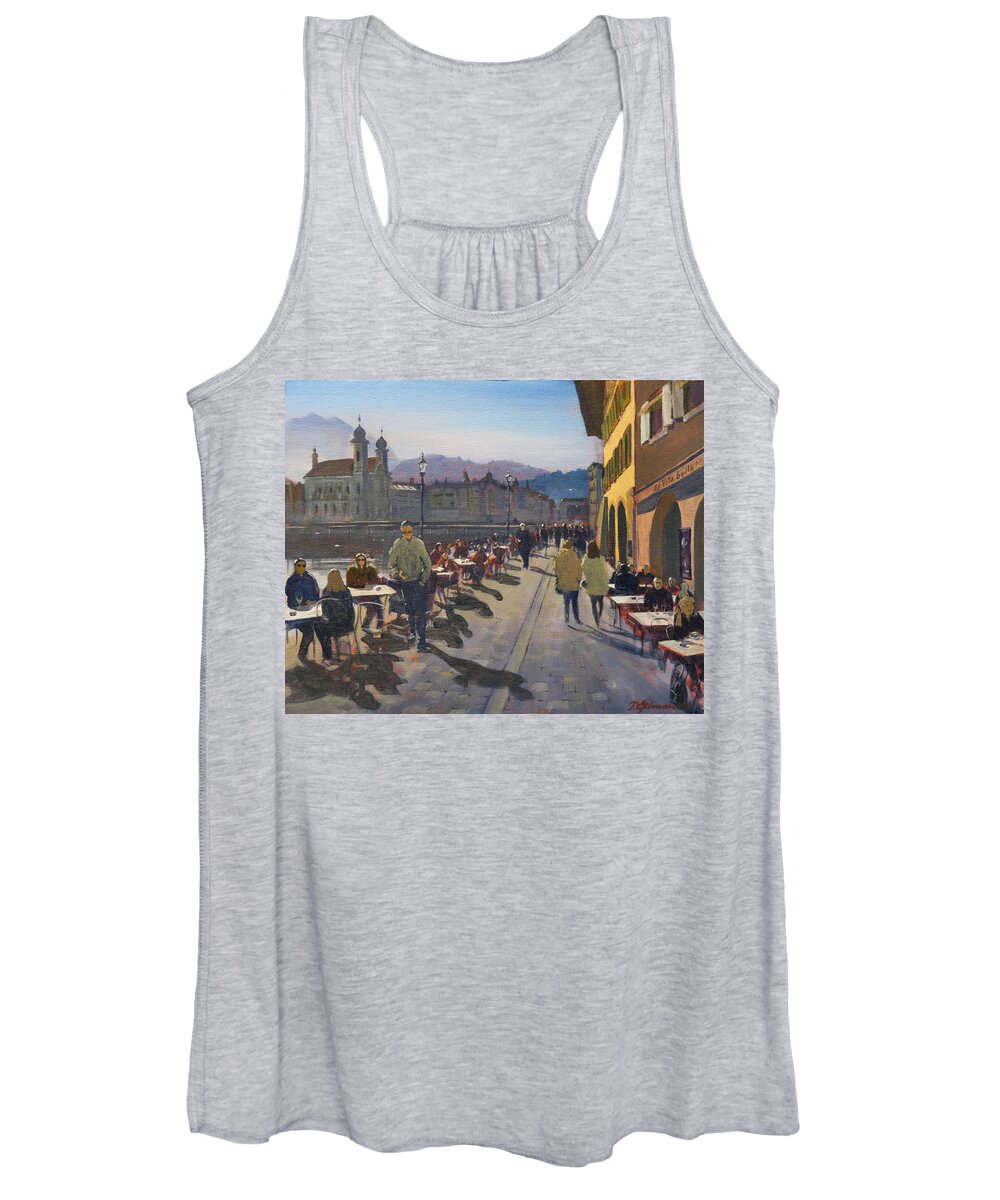 Switzerland Women's Tank Top featuring the painting Lunchtime in Luzern by David Gilmore