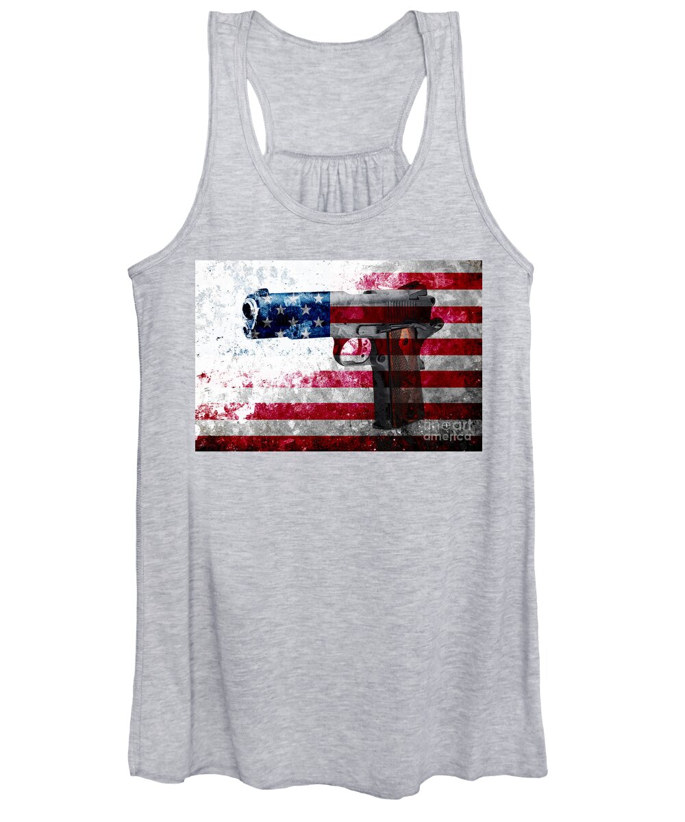 M1911 Women's Tank Top featuring the digital art M1911 Colt 45 and American Flag on Distressed Metal Sheet by M L C