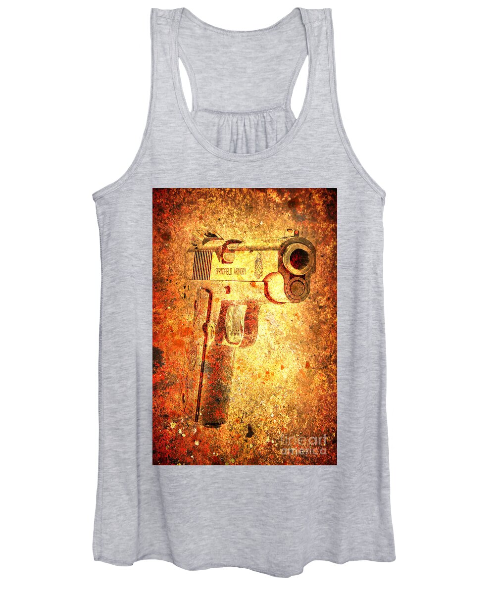 Armory Women's Tank Top featuring the digital art M1911 Muzzle On Rusted Background 3/4 View by M L C