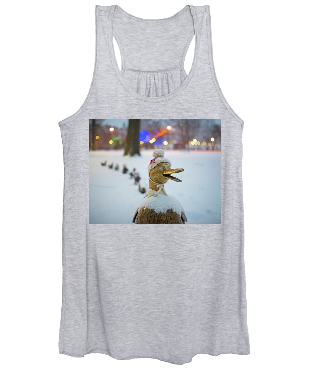 Boston Women's Tank Top featuring the photograph Make Way for Ducklings Winter Hats Boston Public Garden Christmas by Toby McGuire