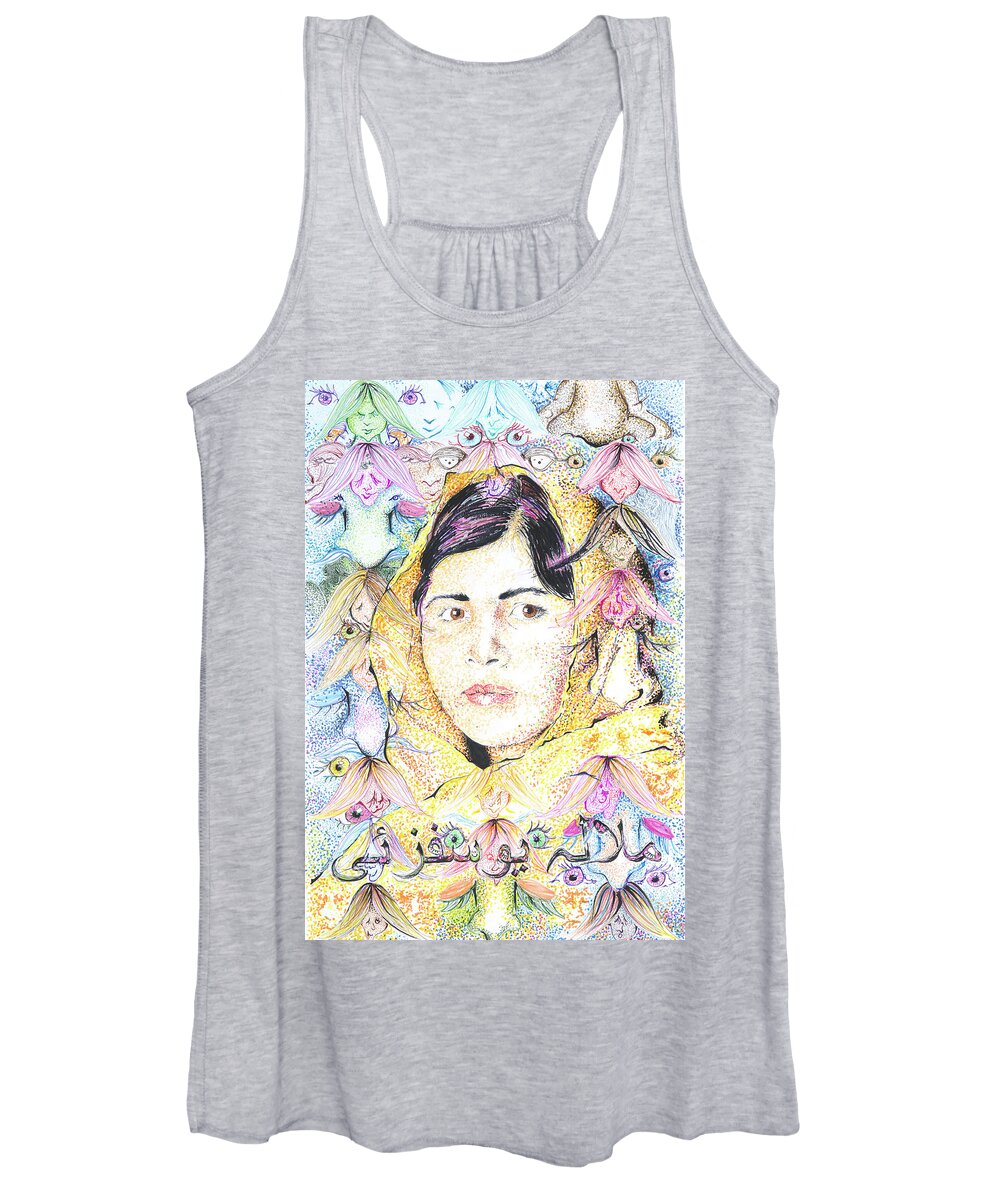 Malala Women's Tank Top featuring the drawing Malala-Don't Ignore Us-Sombra de Arreguin by Doug Johnson