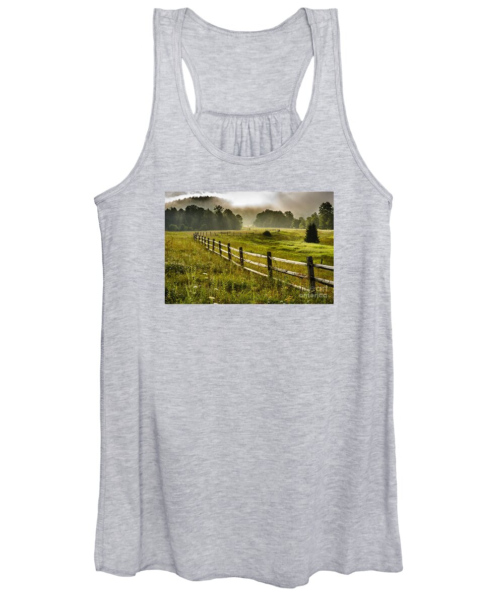 Summer Women's Tank Top featuring the photograph Meadow and Morning Mist by Thomas R Fletcher