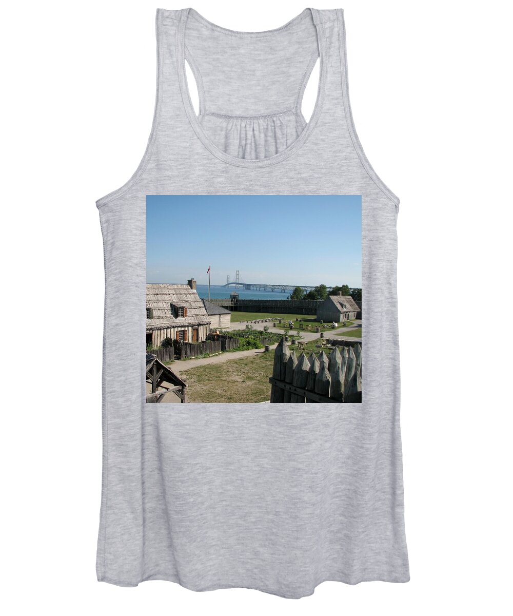 Colonial Michilmackinac Women's Tank Top featuring the photograph Michilimackinac and Mackinac Bridge by Keith Stokes