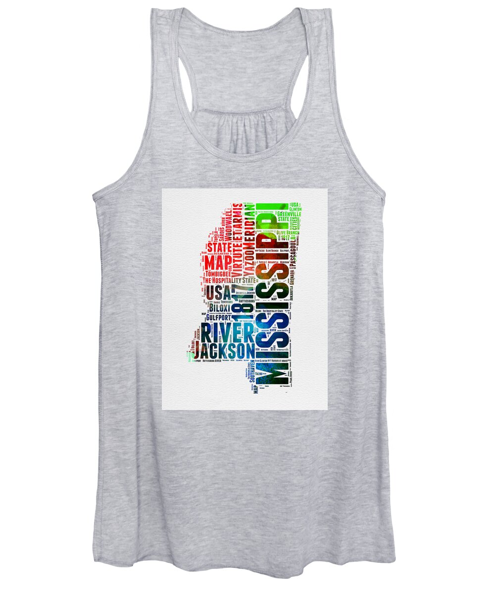 Mississippi Women's Tank Top featuring the digital art Mississippi Watercolor Word Cloud by Naxart Studio