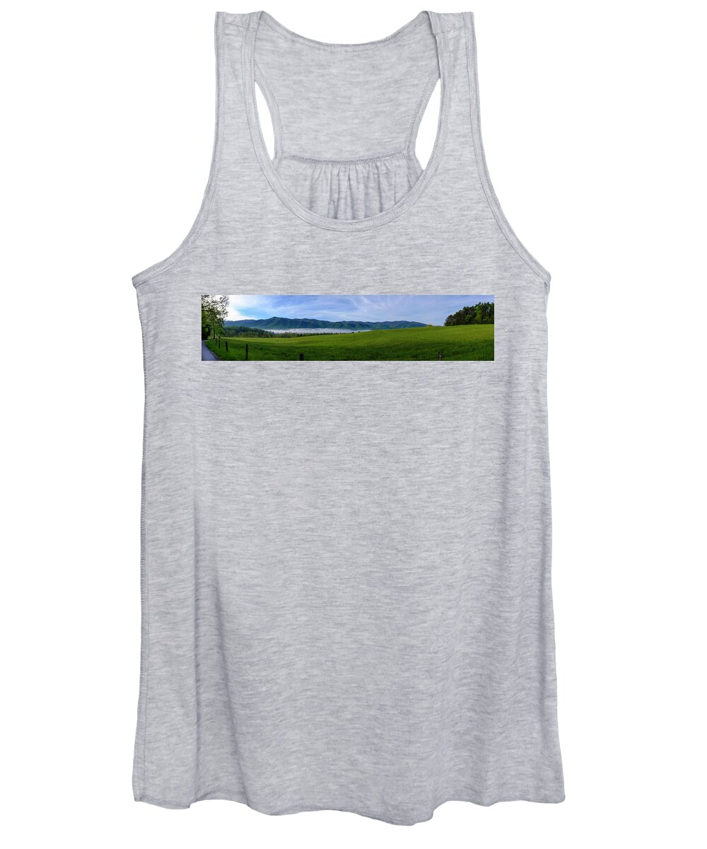Landscapes Women's Tank Top featuring the photograph Morning Fog at Cades Cove by Roberta Kayne
