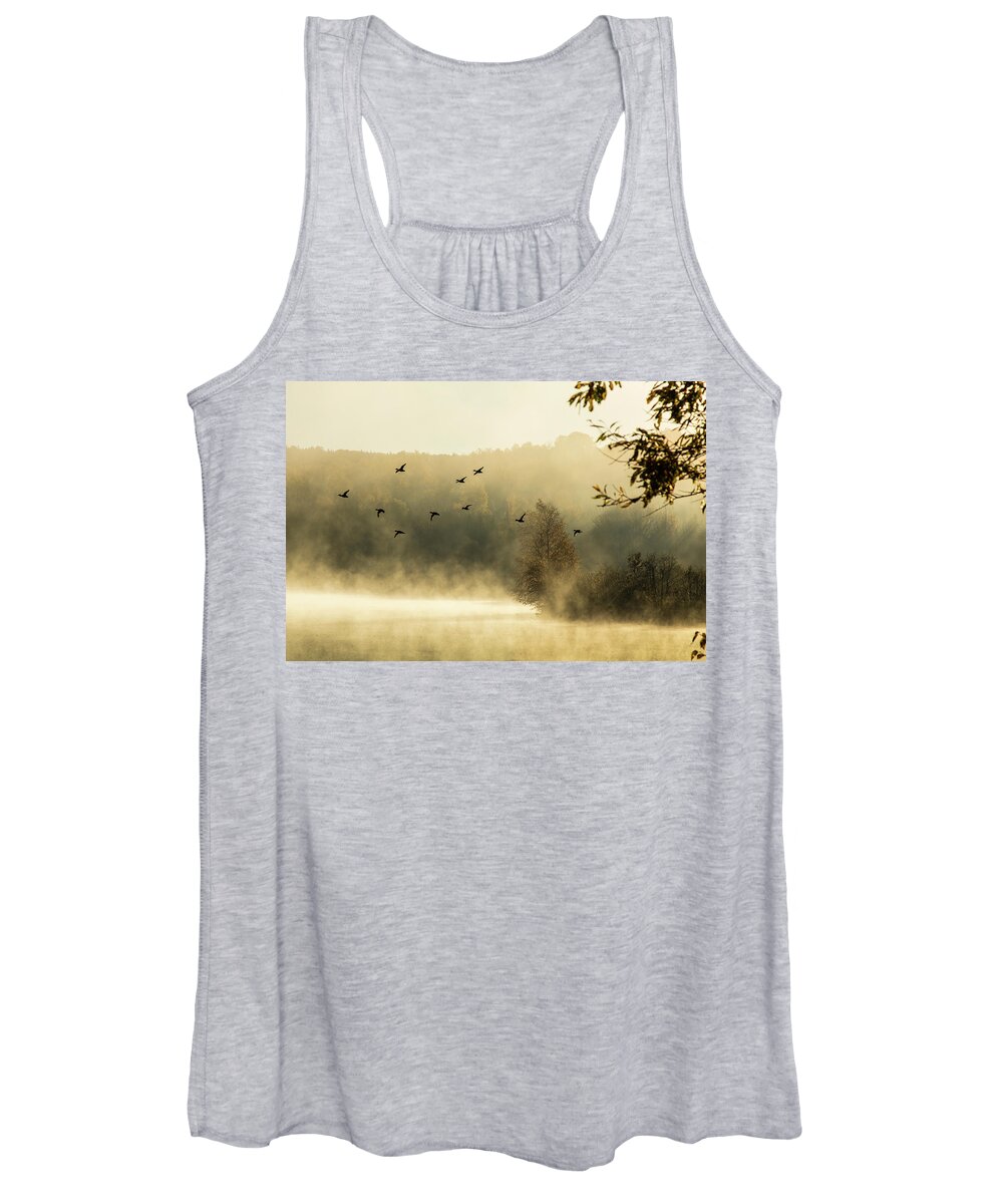 Haley Pond Women's Tank Top featuring the photograph Morning fog on Haley Pond in Rangeley Maine by Jeff Folger