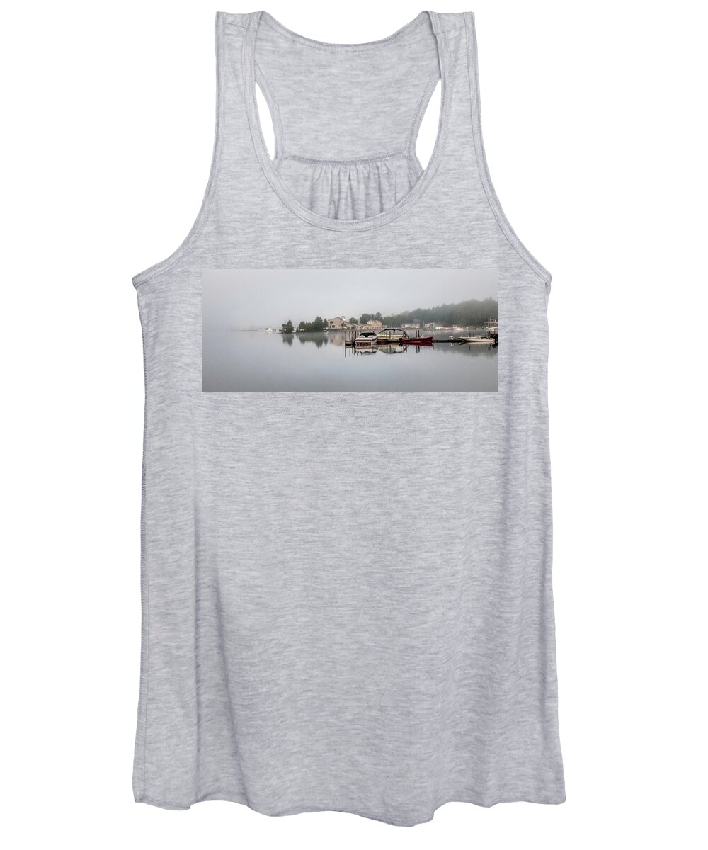 Morning Mist On The Lake Panorama Women's Tank Top featuring the photograph Morning Mist on the Lake Panorama by Phyllis Taylor