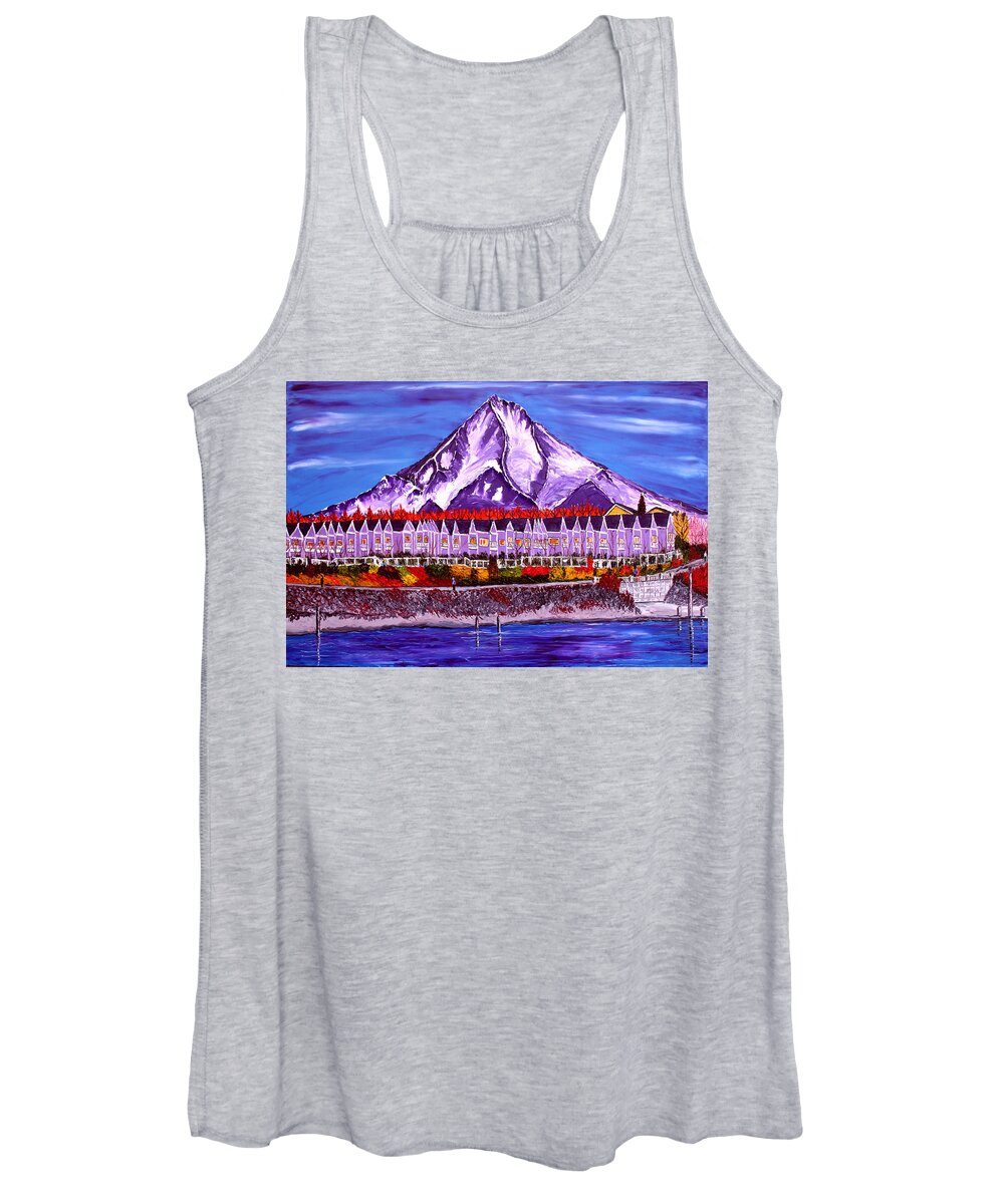  Women's Tank Top featuring the painting Mount Hood Over The Columbia Shores Renaissance Trail by James Dunbar