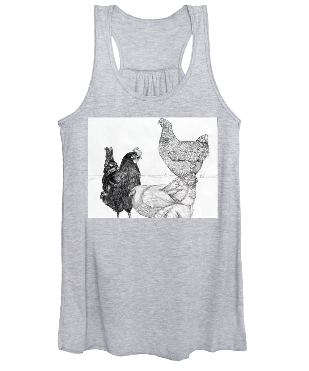 Chickens Women's Tank Top featuring the drawing My Sister's Chickens Drawing by Kimberly Walker