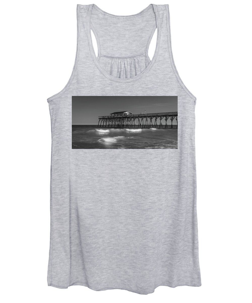 Pier Women's Tank Top featuring the photograph Myrtle Beach Pier Panorama in Black and White by Ranjay Mitra