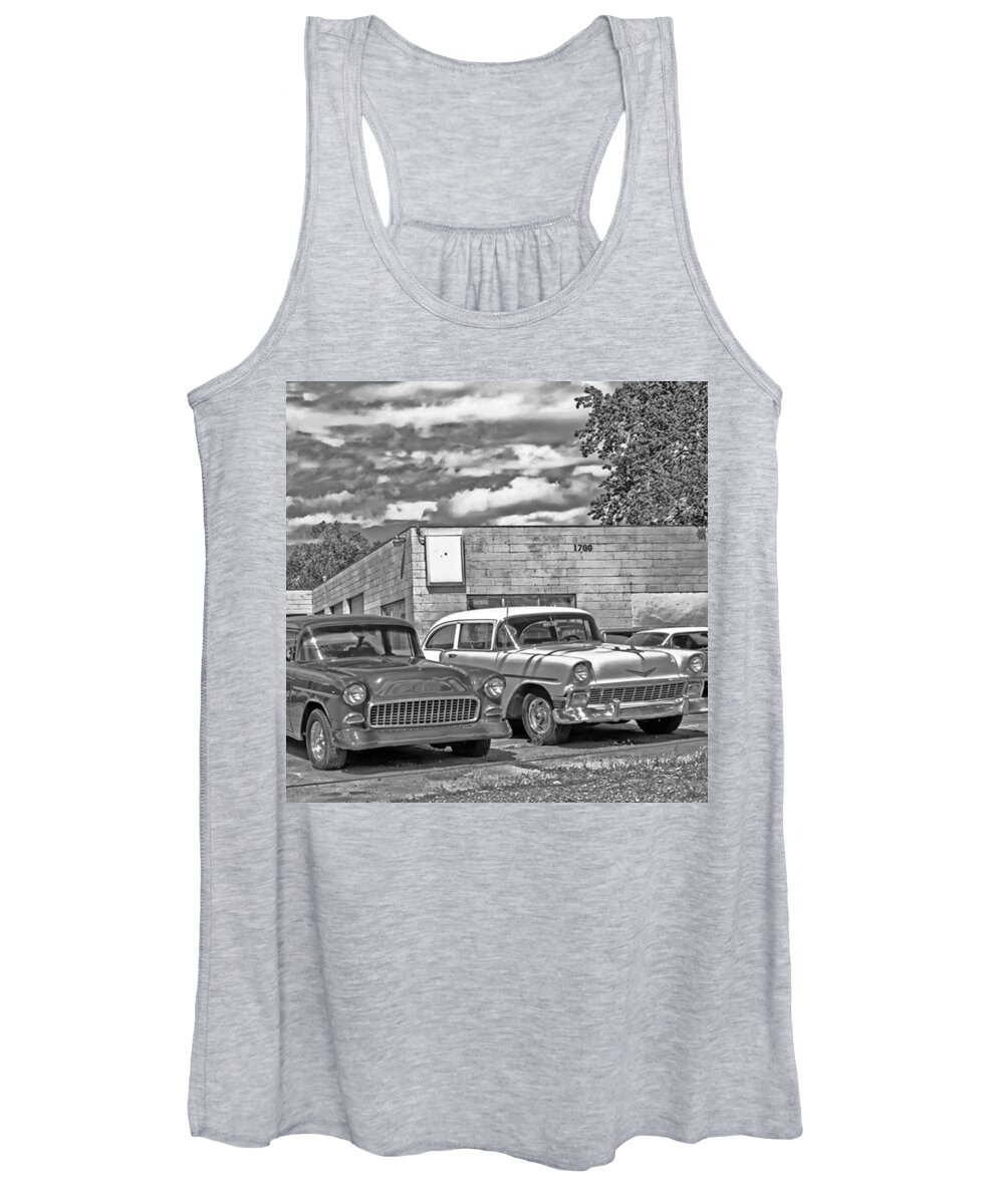 Antique Women's Tank Top featuring the photograph Old Car Lot Black And White Photo by Michael Moriarty