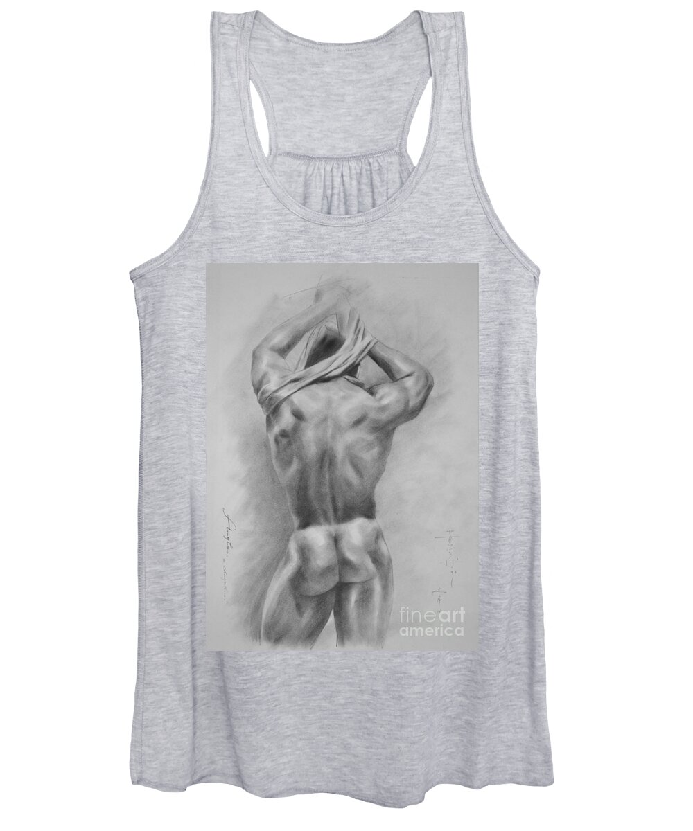 Drawing Women's Tank Top featuring the drawing Original Charcoal Drawing Art Male Nude On Paper #16-3-11-31 by Hongtao Huang