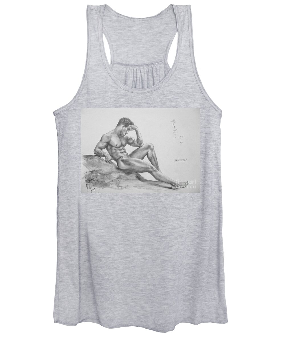 Drawing Women's Tank Top featuring the drawing Original Charcoal Drawing Art Male Nude On Paper #16-3-11-35 by Hongtao Huang
