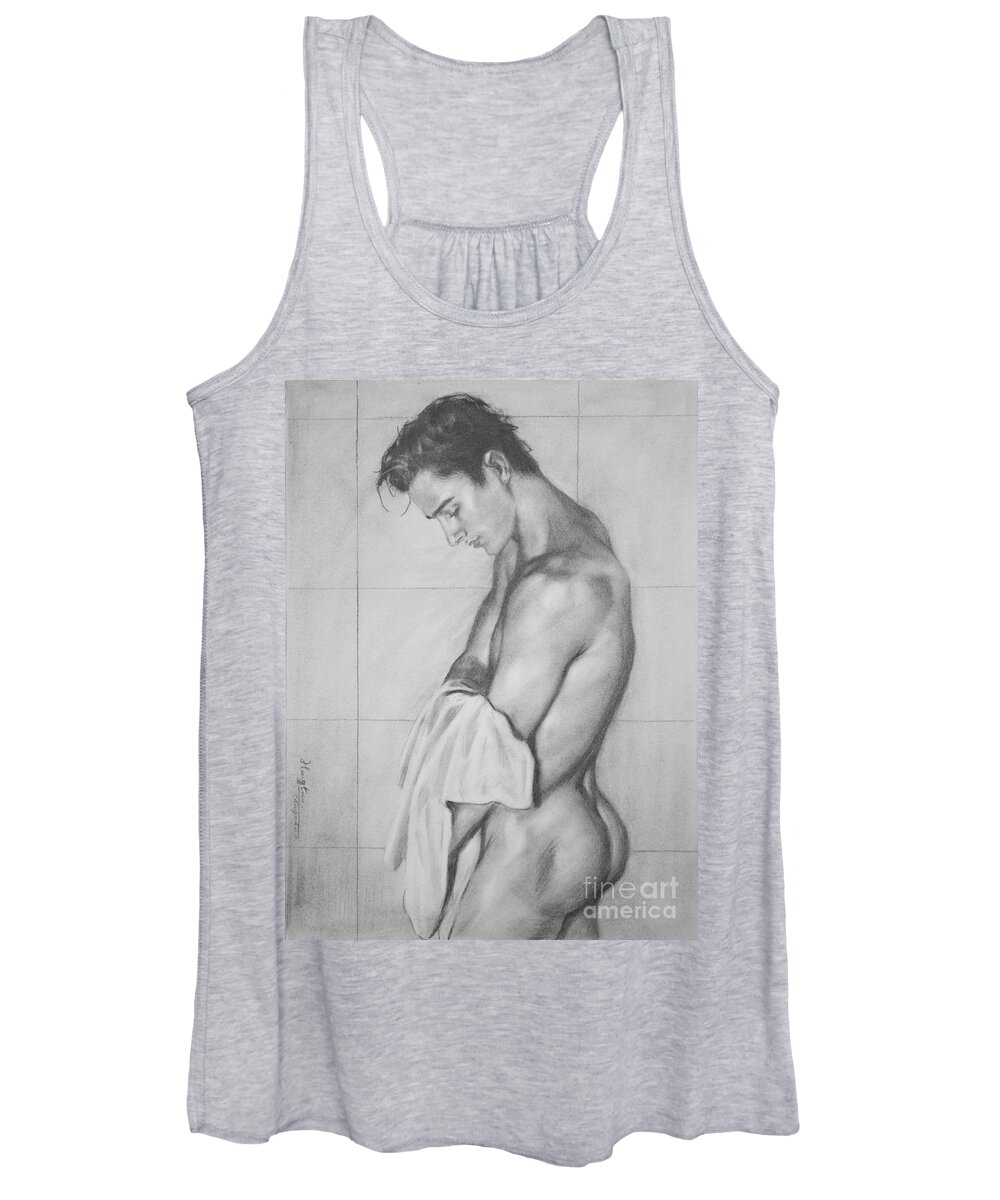 Original Art Women's Tank Top featuring the painting Original Drawing Sketch Charcoal Male Nude Gay Man Art Pencil On Paper -026 by Hongtao Huang
