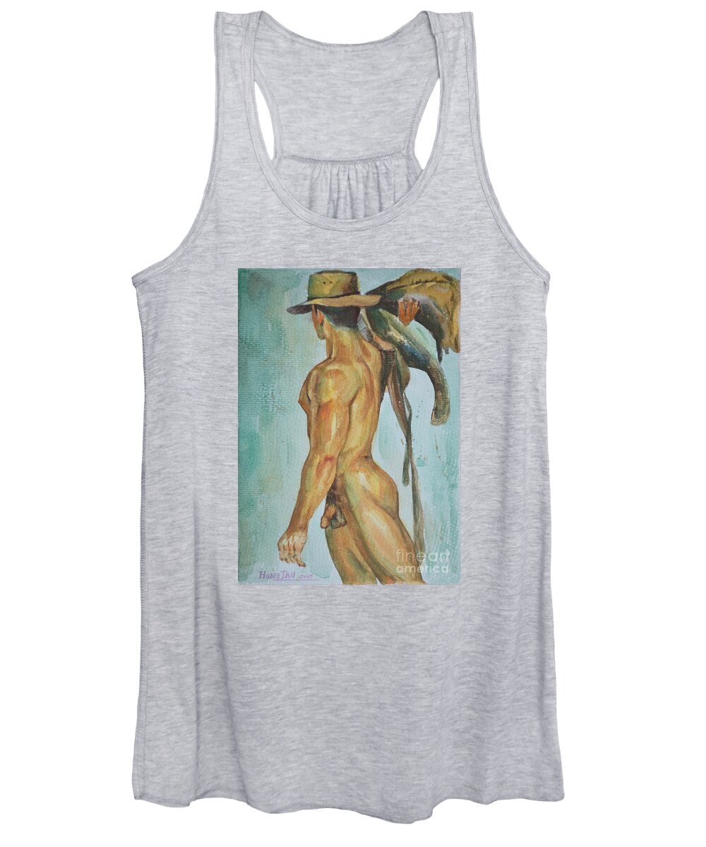 Original Art Women's Tank Top featuring the painting Original Watercolor Painting Man Body Art Male Nude Cowboy On Paper -065 by Hongtao Huang