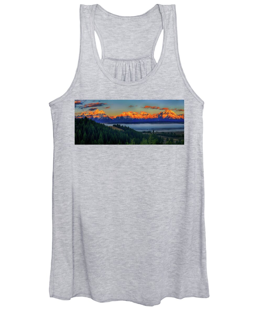 Grand Teton National Park Women's Tank Top featuring the photograph Panoramic Dawn on the Tetons by Greg Norrell