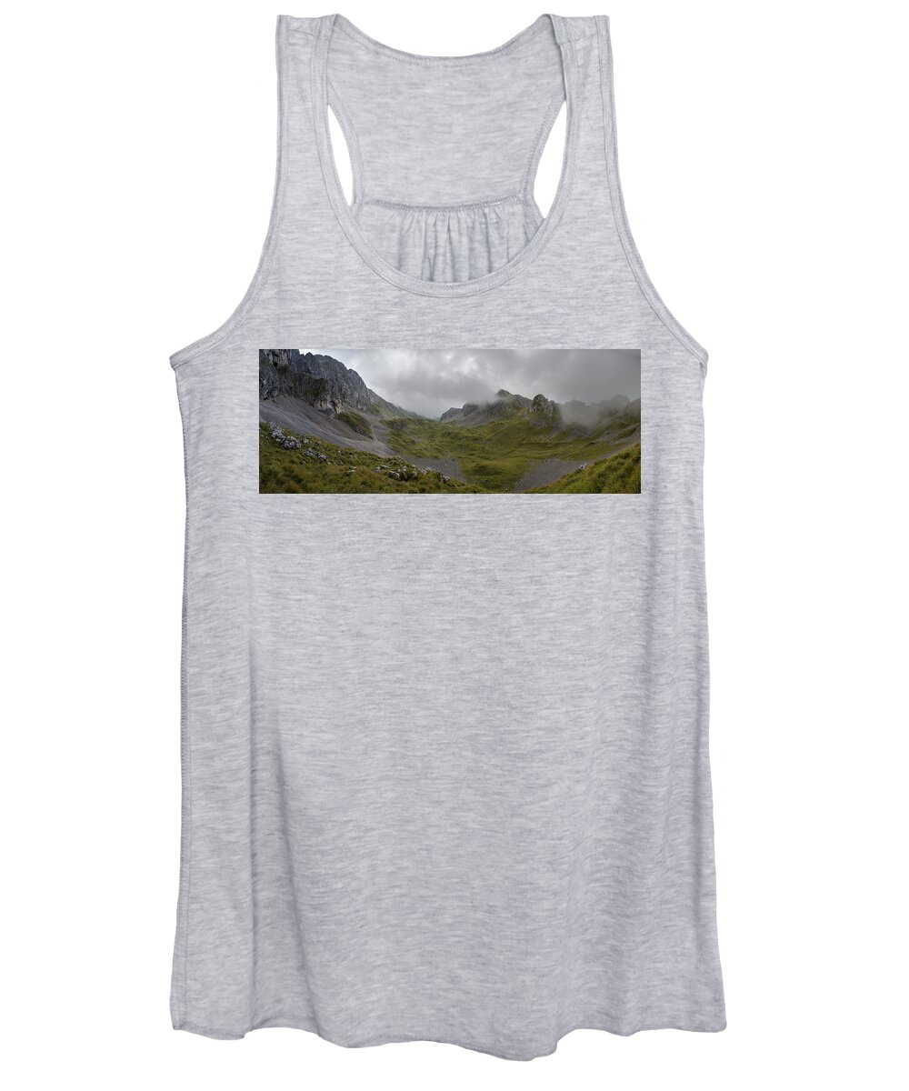 Panoramic Women's Tank Top featuring the photograph Panoramic view in high mountain with clouds approaching, Preasolana by Nicola Aristolao