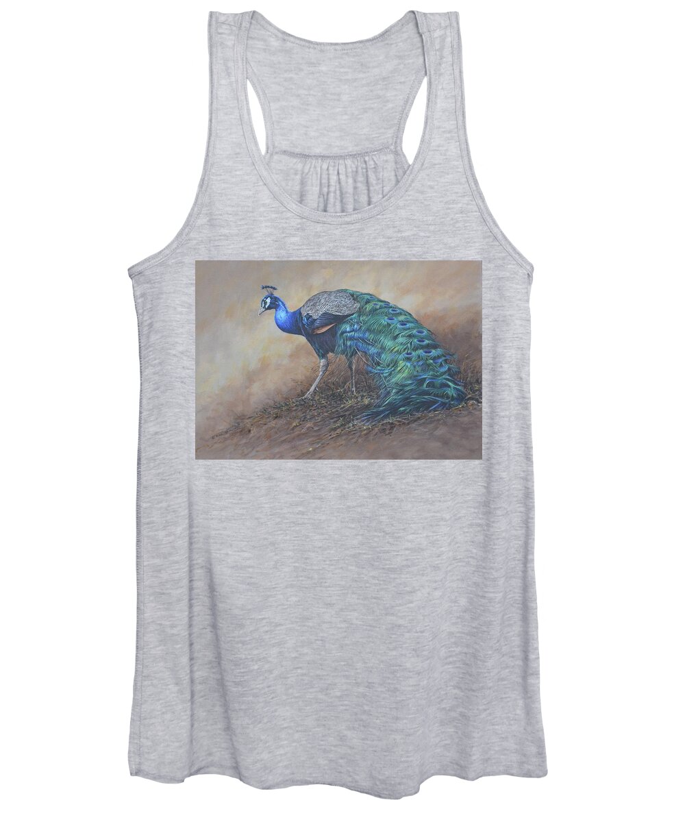 Wildlife Paintings Women's Tank Top featuring the painting Peacock by Alan M Hunt