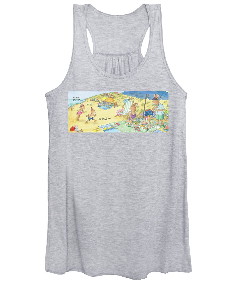 Sunny Bunnies Women's Tank Top featuring the painting Picnic Lunch on the Beach -- With Text by June Goulding