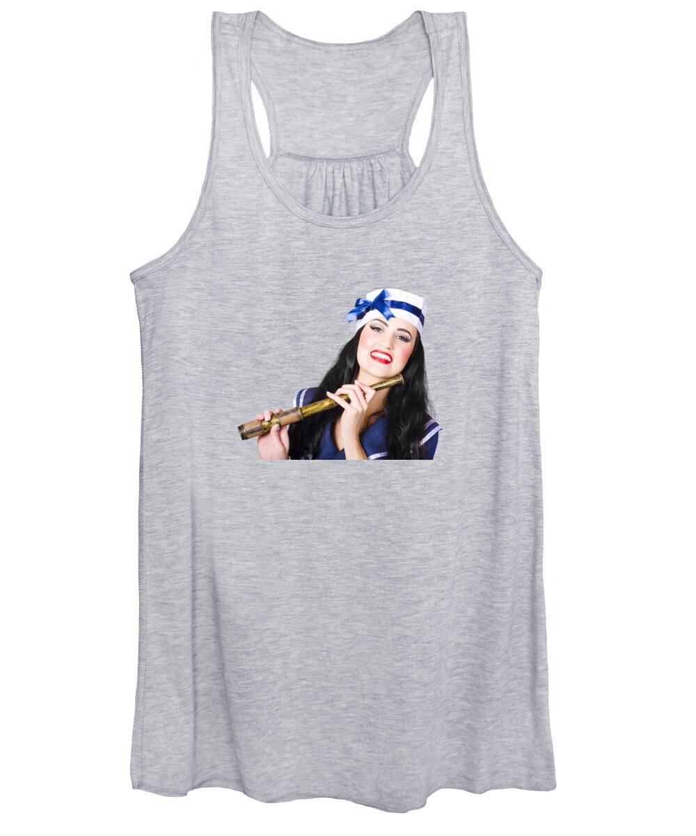 Telescope Women's Tank Top featuring the photograph Pinup sailor girl holding telescope by Jorgo Photography