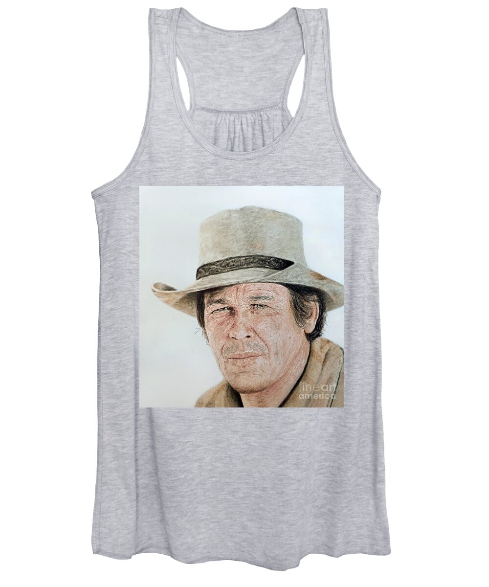 Actor Women's Tank Top featuring the drawing Portrait Of Actor Charles Bronson by Jim Fitzpatrick