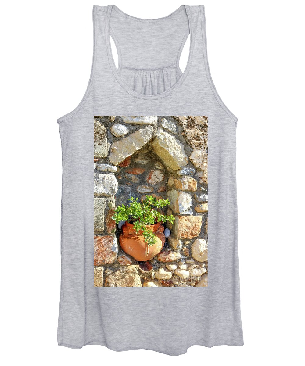 Charming Women's Tank Top featuring the photograph Potted plant in niche in stone wall in Greek village by Susan Vineyard