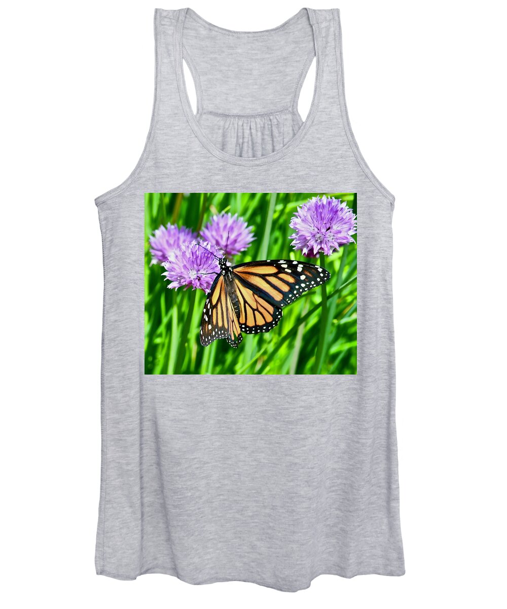 Nature Women's Tank Top featuring the photograph Purple Chive and Monarch by Hella Buchheim