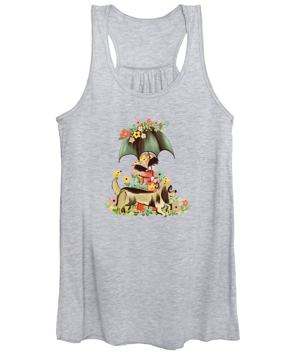 Painting Women's Tank Top featuring the painting Rain on the green grass, Rain on the tree, Rain on the housetop, But not on me. by Little Bunny Sunshine