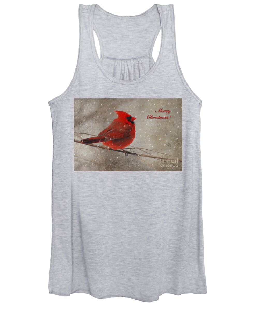 Christmas Women's Tank Top featuring the photograph Red Bird In Snow Christmas Card by Lois Bryan