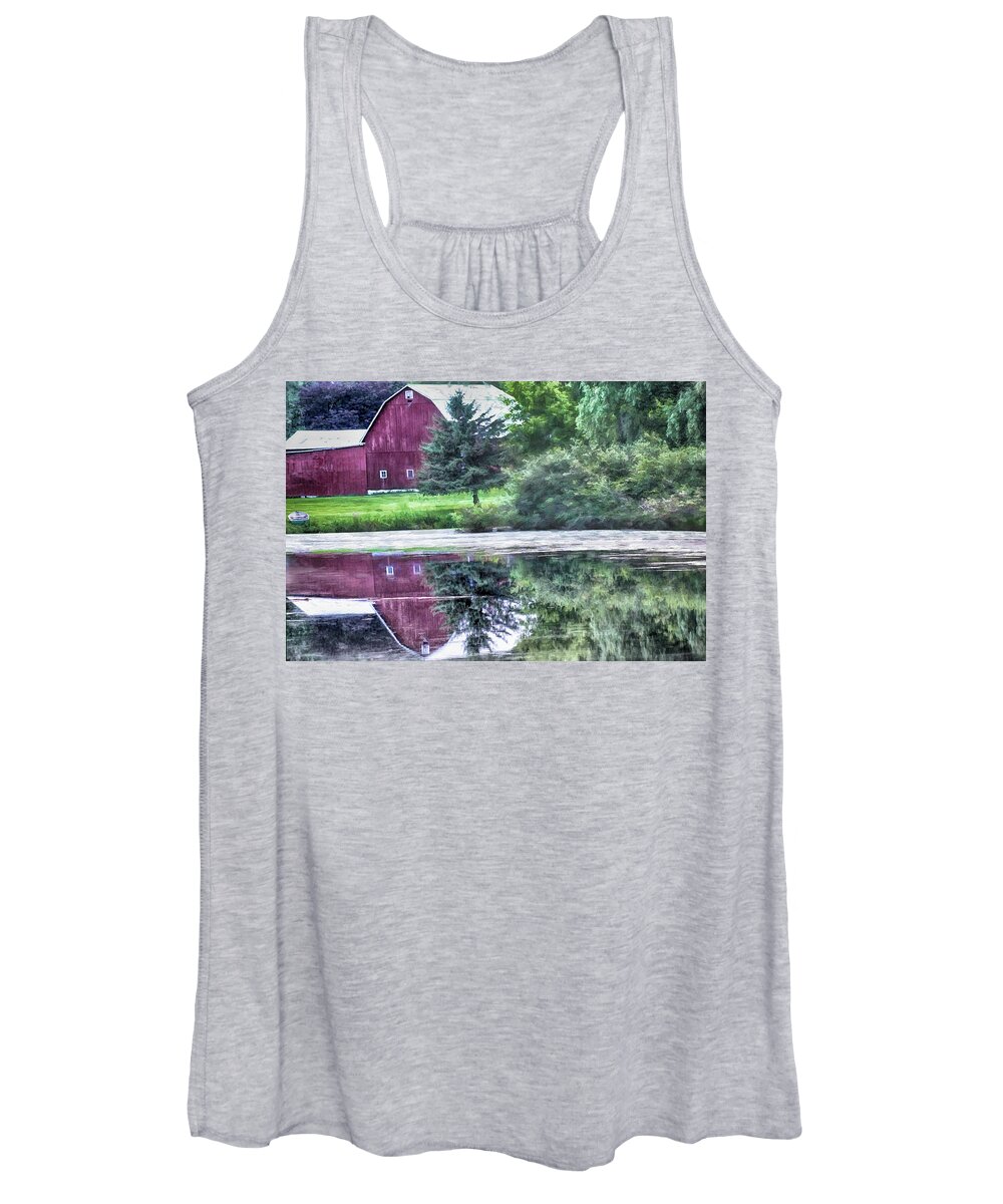 Reflections Of The Old Red Barn Women's Tank Top featuring the photograph Reflections of the Old Red Barn by Pat Cook