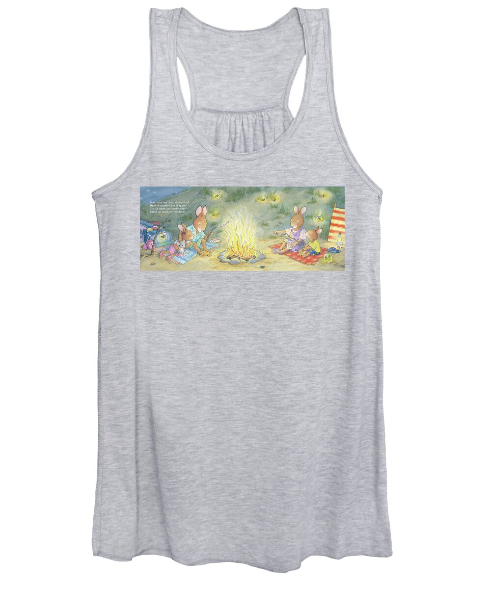 Sunny Bunnies Women's Tank Top featuring the painting Roasting Marshmallows -- With Text by June Goulding