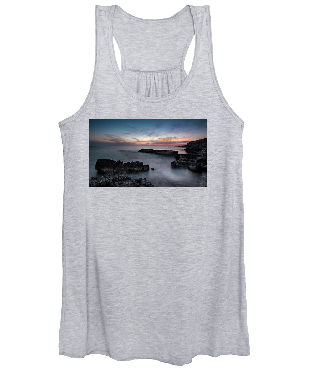 Michalakis Ppalis Women's Tank Top featuring the photograph Rocky Coastline and Beautiful Sunset by Michalakis Ppalis