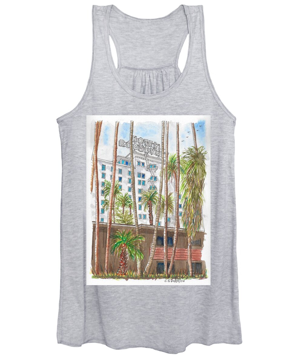 Roosevelt Hotel Women's Tank Top featuring the painting Roosevelt Hotel in Hollywood Blvd., Hollywood, California by Carlos G Groppa