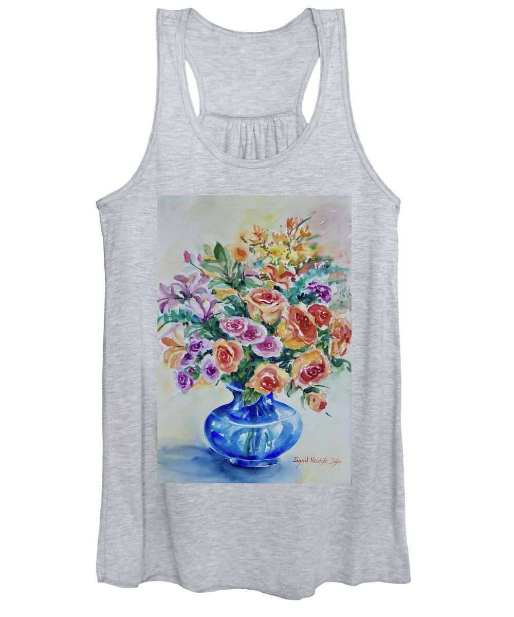 Flowers Women's Tank Top featuring the painting Roses with Blue Vase by Ingrid Dohm