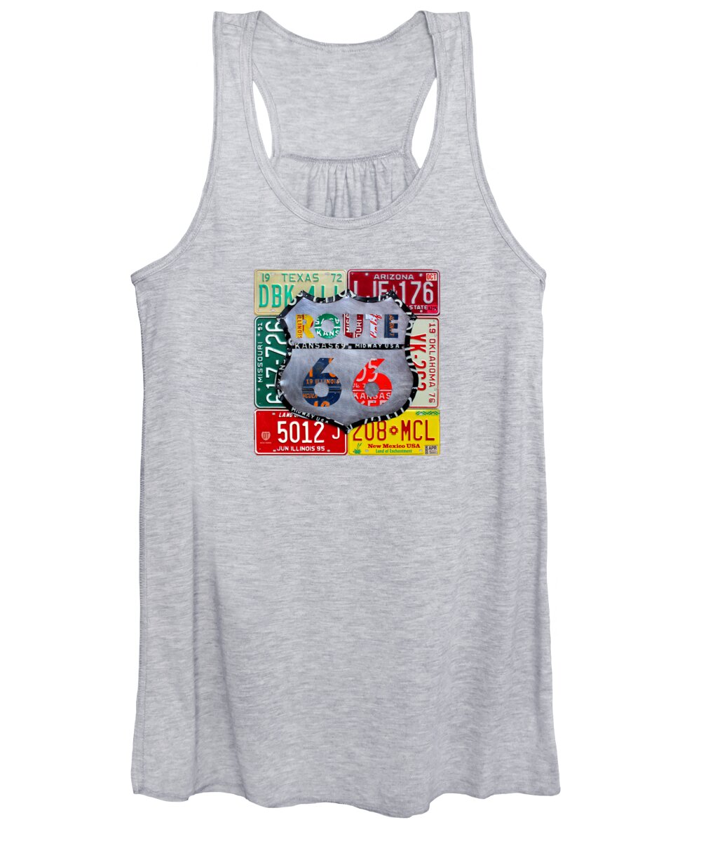 Route 66 Highway Road Sign License Plate Art Travel License Plate Map Women's Tank Top featuring the mixed media Route 66 Highway Road Sign License Plate Art by Design Turnpike