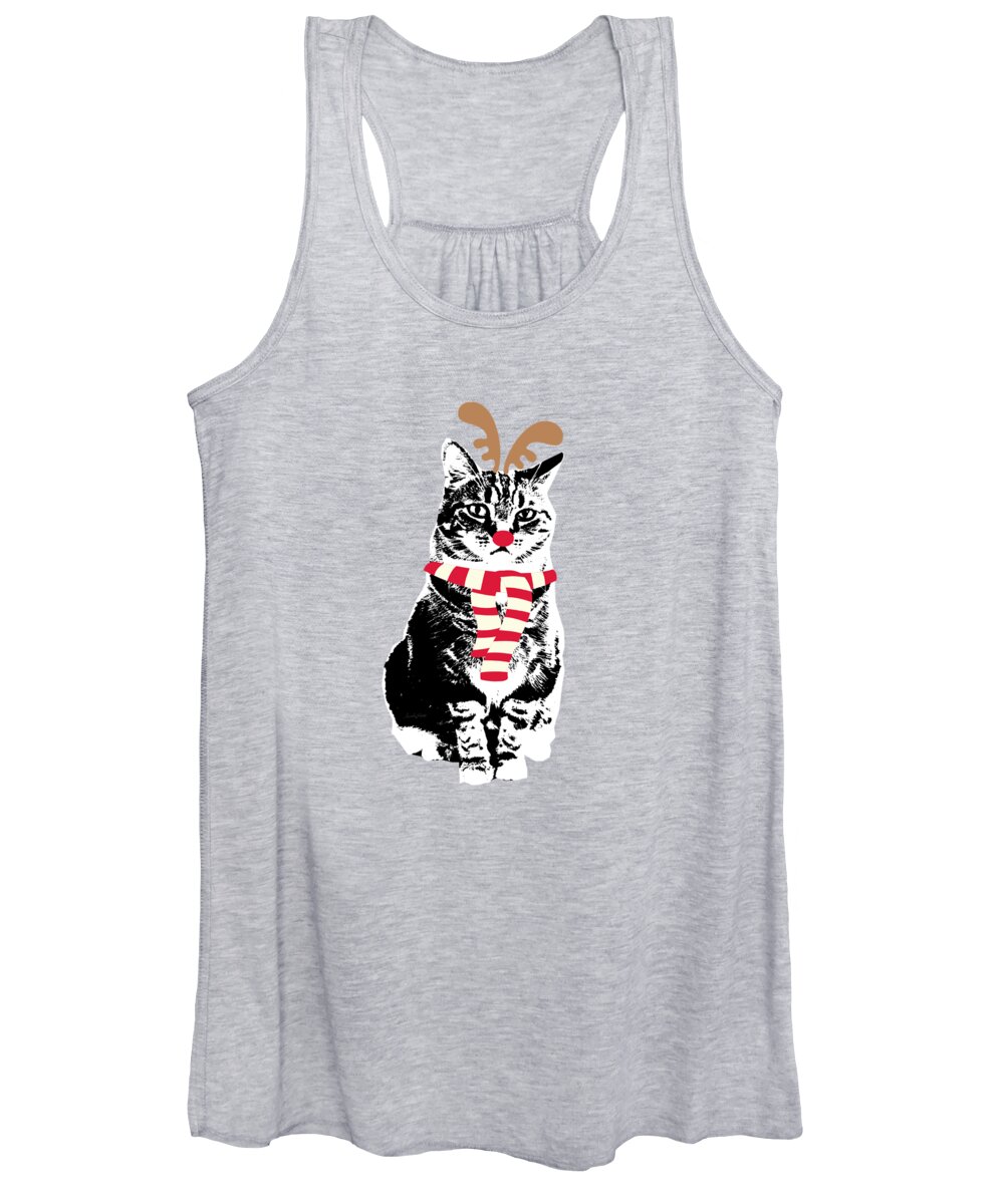 Reindeer Cat Women's Tank Top featuring the mixed media Rudolph The Red Nosed Cat- Art by Linda Woods by Linda Woods