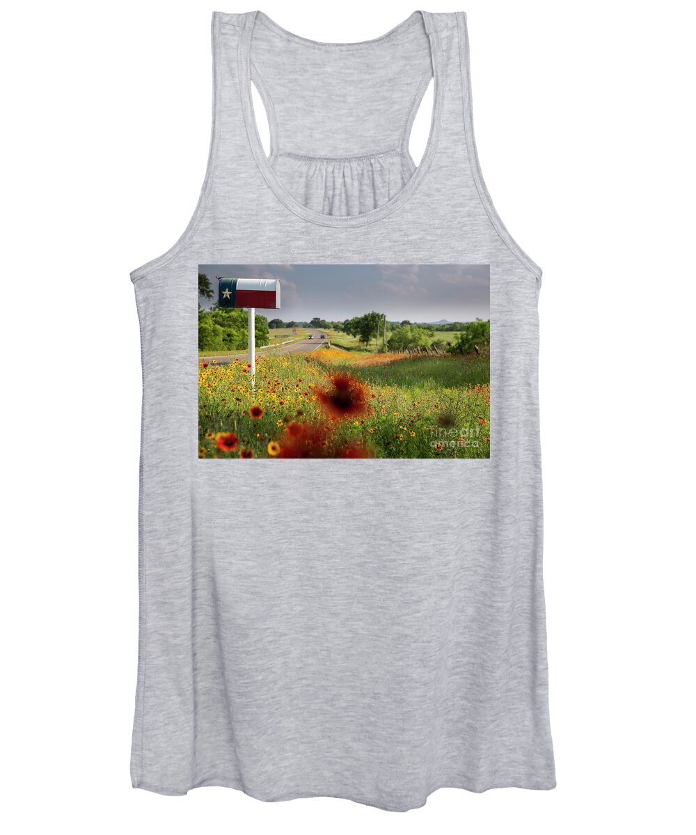 Postal Box Women's Tank Top featuring the photograph Rustic Texas flag mailbox surrounded by colorful wildflowers, Te by Dan Herron