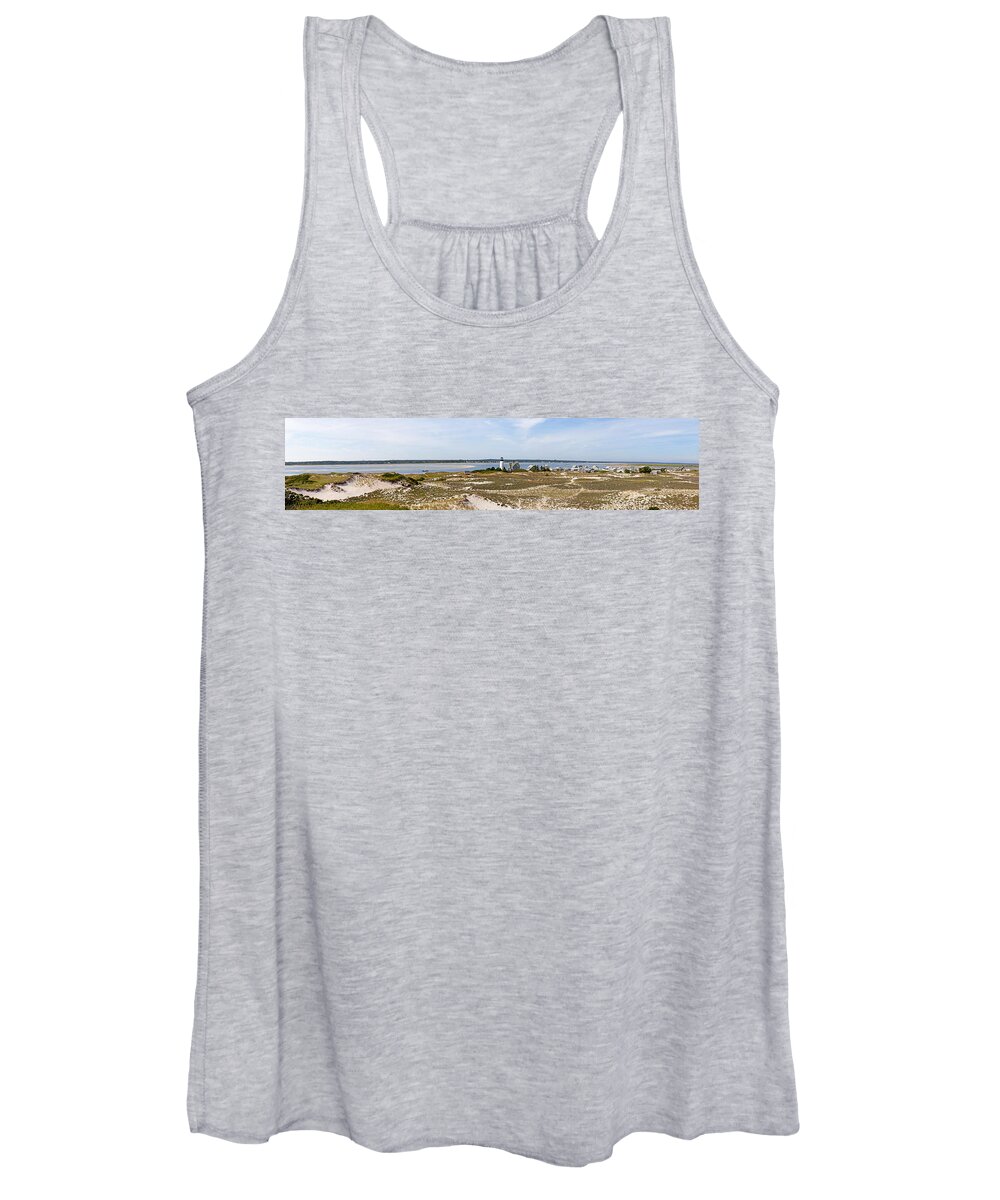 Sandy Neck Women's Tank Top featuring the photograph Sandy Neck Lighthouse with fishing boat by Charles Harden