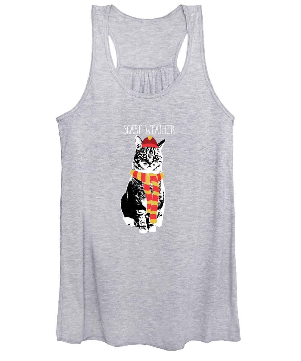 Cat Women's Tank Top featuring the mixed media Scarf Weather Cat- Art by Linda Woods by Linda Woods