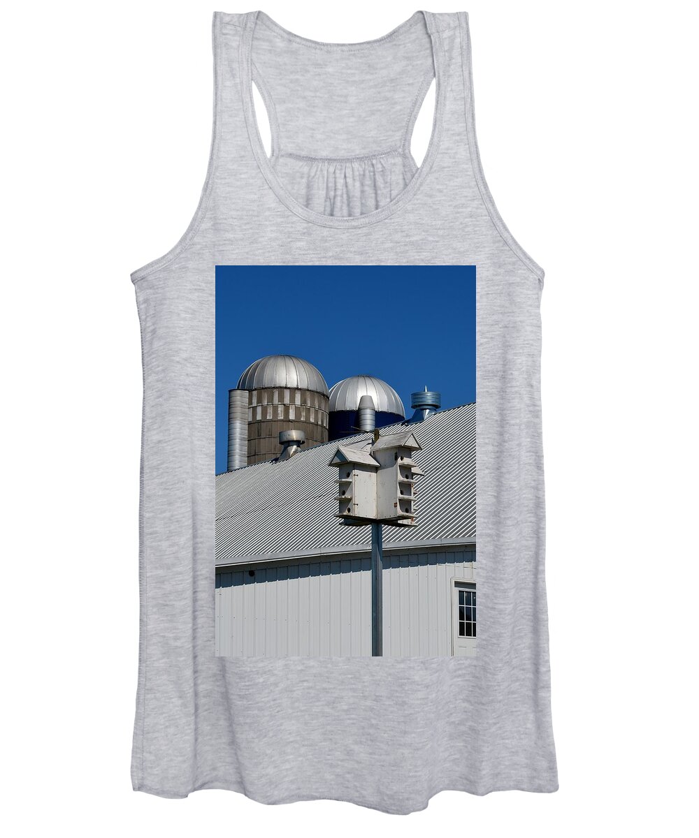 Rural Geometry Women's Tank Top featuring the photograph Silos Birdhouse Barn Roof by Tana Reiff
